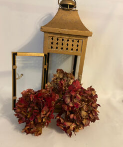 Rustic Copper Colored Lantern with Cranberry Hydrangea & Bow