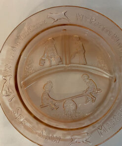 See Saw Margery Daw pink depression glass divided child plate 1930